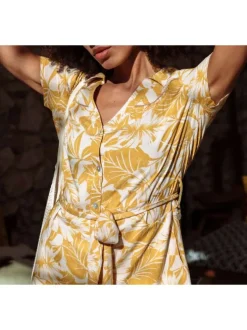 Robe moutarde pour femme avec imprimé floral coupe évasée