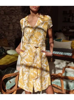 Robe moutarde pour femme avec imprimé floral coupe évasée