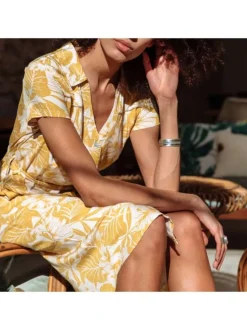 Robe moutarde pour femme avec imprimé floral coupe évasée