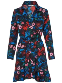 Robe portefeuille boutonnée à taille élastiquées, manches longues et ceinture ton sur ton