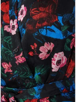 Robe portefeuille boutonnée à taille élastiquées, manches longues et ceinture ton sur ton