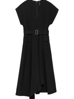 Robe sans manches midi noire unie à coupe évasée avec un col v profond