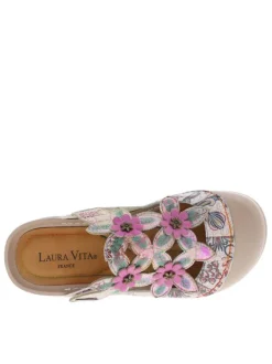 Sabot en cuir beige et rose à semelle semi-compensée et bande auto-agrippante