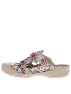 Sabot en cuir beige et rose à semelle semi-compensée et bande auto-agrippante