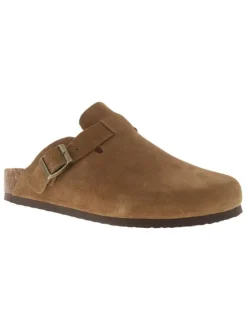Sabots camel en cuir avec un talon plat et une boucle à ardillon