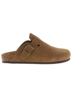 Sabots camel en cuir avec un talon plat et une boucle à ardillon