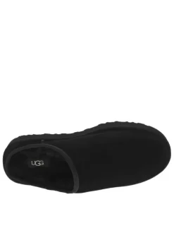 Sabots en cuir noir à talon plat et à slip-on avec de la fourrure synthétique