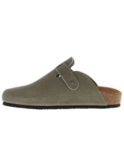 Sabots Sahara en cuir kaki avec une semelle plate et à boucle à ardillon