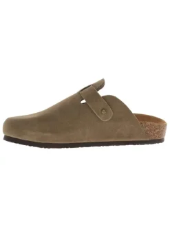 Sabots Sahara en cuir taupe avec un talon plat et à boucle à ardillon