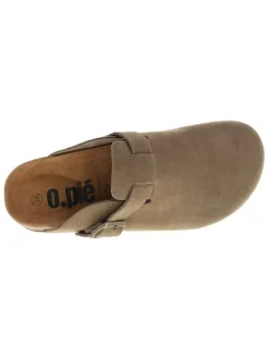 Sabots Sahara en cuir taupe avec un talon plat et à boucle à ardillon