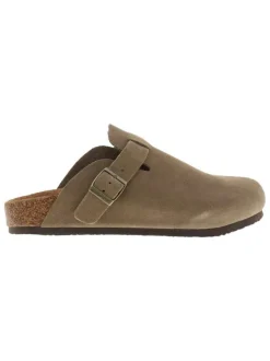 Sabots Sahara en cuir taupe avec un talon plat et à boucle à ardillon