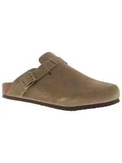 Sabots Sahara en cuir taupe avec un talon plat et à boucle à ardillon
