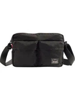 Sac à bandoulière noir orné du nom de la marque et pourvu de multiples poches