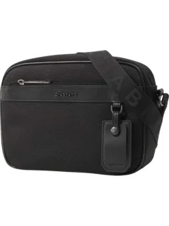 Sac noir à bandoulière réglable et siglée du nom de la marque
