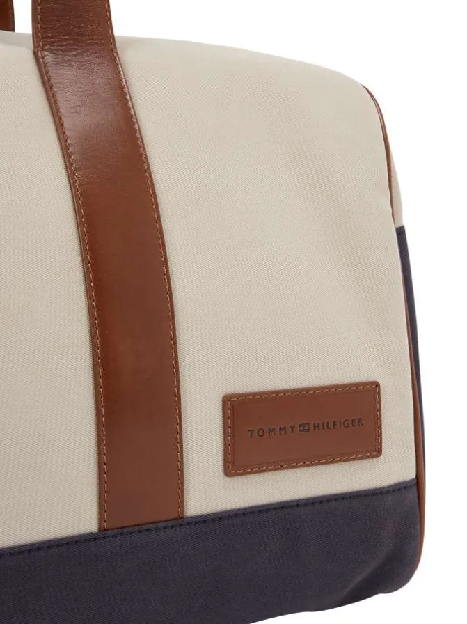 Sac weekender écru bicolore avec anse et bandoulière et fermeture zippée