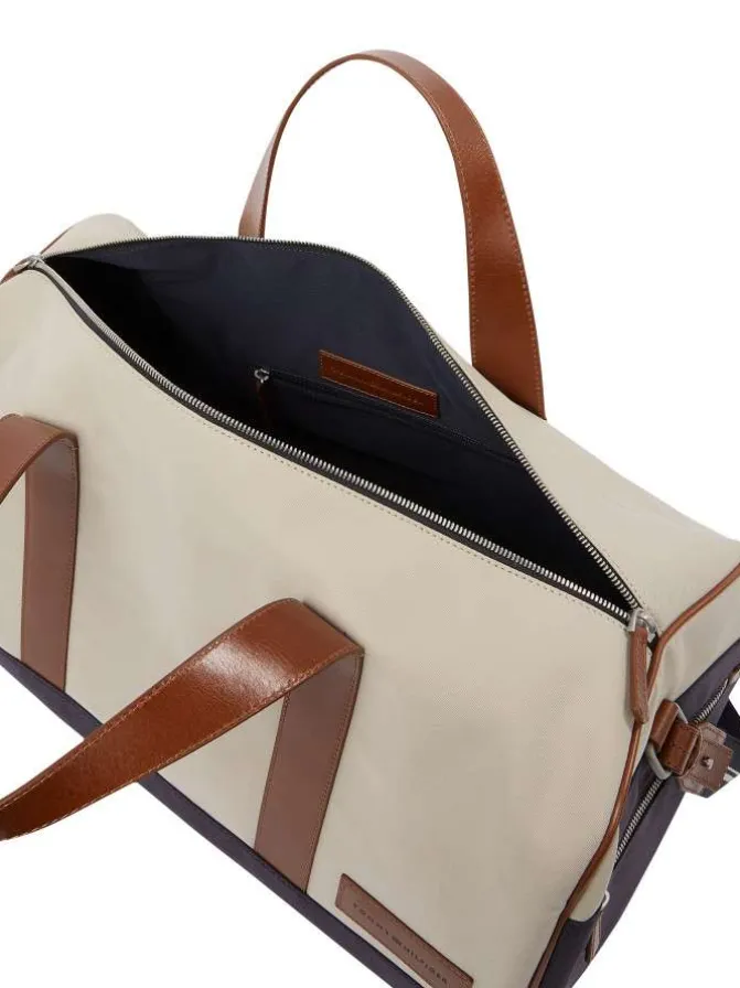 Sac weekender écru bicolore avec anse et bandoulière et fermeture zippée
