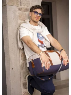 Sac weekender écru bicolore avec anse et bandoulière et fermeture zippée