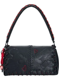 Sac bandouliere noir à imprimé pourvu d'une anse rouge et noire