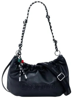 Sac bandouliere noir uni pourvu d'une anse bicolore tressée