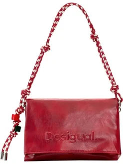 Sac bandouliere rouge uni pourvu d'une anse bicolore tressée