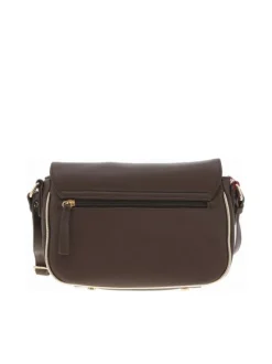 Sac bandoulière ajustable marron uni avec zip et rabat à pression