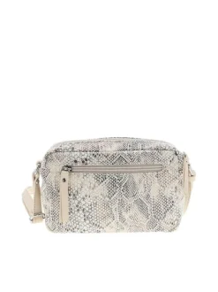 Sac à bandoulière beige animalier avec un patch de la marque à l'avant