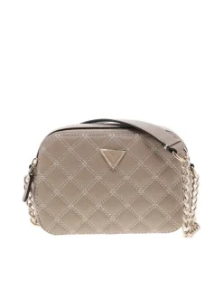 Sac à bandoulière beige matelassé pourvu d'une bandoulière en chaînes dorées