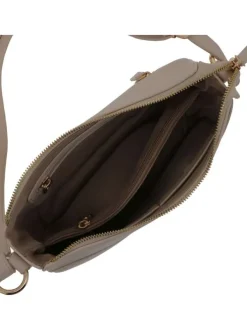 Sac à bandoulière beige uni avec un logo doré embossé à l'avant