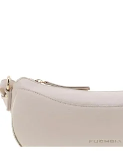 Sac à bandoulière beige uni avec un logo doré embossé à l'avant