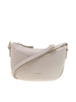 Sac à bandoulière beige uni avec un logo doré embossé à l'avant