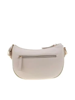 Sac à bandoulière beige uni avec un logo doré embossé à l'avant