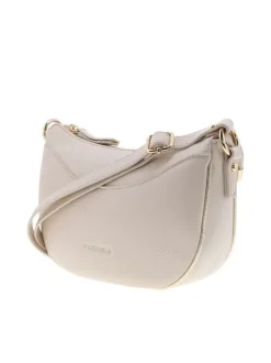 Sac à bandoulière beige uni avec un logo doré embossé à l'avant