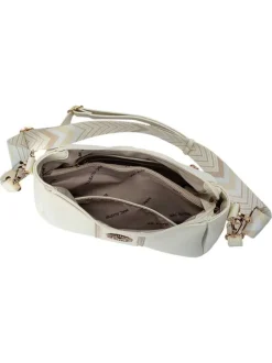 Sac à bandoulière blanc uni avec une fermeture à zip et logo doré