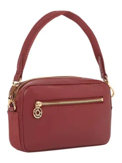 Sac bandoulière bordeaux uni avec un zip de fermeture et logo iconique