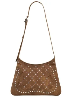 Sac à bandoulière camel zippé avec des œillets et des clous décoratifs