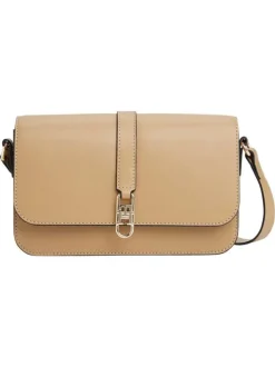 Sac à bandoulière caramel uni avec languette aimantée et logo doré