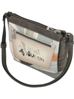 Sac à bandoulière écru imprimé avec un logo de la marque métallique à l'avant