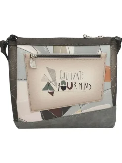 Sac à bandoulière écru imprimé avec un logo de la marque métallique à l'avant