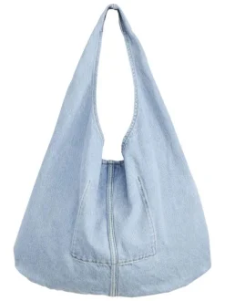 Sac bandoulière en coton bleu clair denim uni avec une fermeture bouton-pression