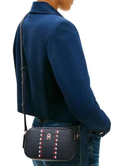 Sac à bandoulière marine aspect grainé pourvu de fermetures zippées