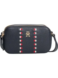 Sac à bandoulière marine aspect grainé pourvu de fermetures zippées