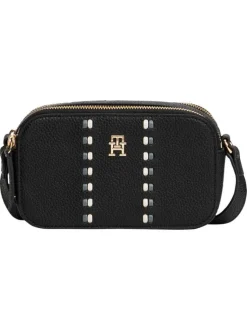 Sac à bandoulière noir aspect grainé pourvu de fermetures zippées
