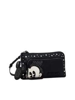 Sac bandoulière noir effet cuir avec poches zippées et visage de Mickey brodé