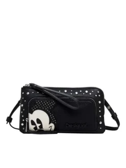 Sac bandoulière noir effet cuir avec poches zippées et visage de Mickey brodé