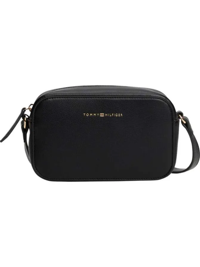 Sac à bandoulière noir pourvu du nom de la marque doré embossé
