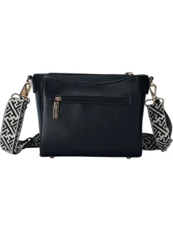 Sac à bandoulière noir uni avec fermeture à zip et un logo doré