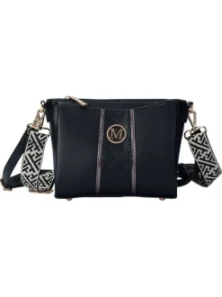 Sac à bandoulière noir uni avec fermeture à zip et un logo doré