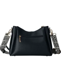 Sac à bandoulière noir uni avec une fermeture à zip et logo doré