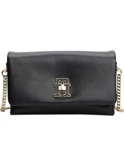 Sac à bandoulière noir uni avec un effet grain et un fermoir pivotant doré