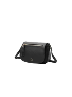 Sac bandoulière noir uni avec une poche avant zippée et un patch